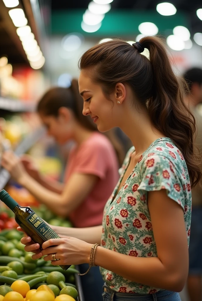 In the lively scene of people shopping in a busy supermarket, a multitude of colors and textures fill the 1125px by 810px screen. The atmosphere is vibrant and full of energy as shoppers move about, filling their carts with a variety of products.
To one side, a young woman of almost thirty years old, with long, wavy brown hair pulled back into a stylish ponytail, leans over to examine the label on a bottle of olive oil. His arms are bare, revealing a delicate, gold bracelet on the wrist. She wears a loose blouse with a cheerful print and her lips curve into a playful smile as she looks