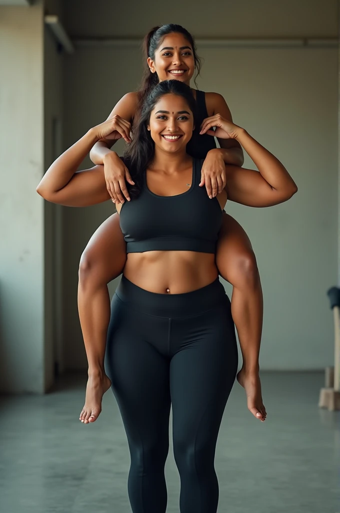 a smiling and beautiful Indian actress in gym outfit carrying a large chubby man on her shoulders in a room, man is sitting on top of her shoulders , man on top, woman at bottom 