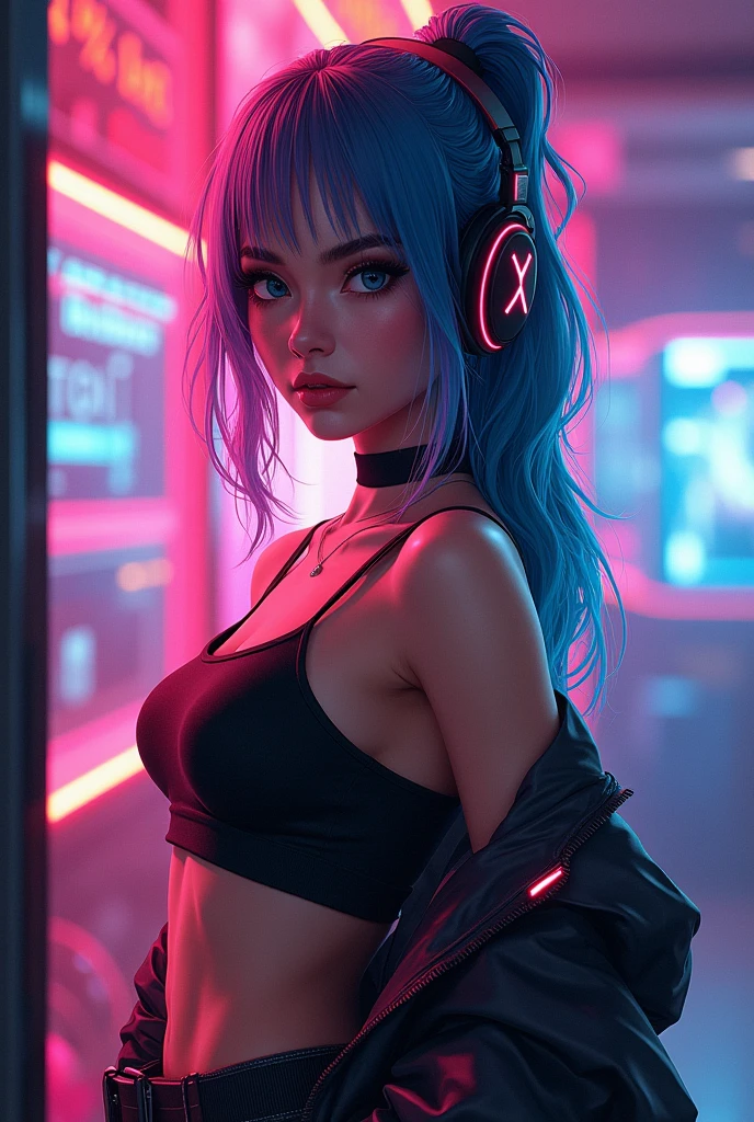 ((Hatsune Miku)), (heavy blushing), ((luminous design)), blue hair, pink eyes, seductive expression, (lewd), (ecchi), multicolored hair, sneakers, underboob, (cyberpunk), (punk), (((((huge tits))))), neon skirt, athletic, choker, rave, wristband, sexy, submissive, ((natural lighting)), (radiosity, ambient occlusion, anisotropic filtering), portrait, straight on, contrapposto,