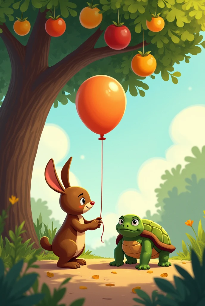 One day, while playing with the balloon, today el conejito café encontró a una tortuga llamada Tina que estaba triste porque no podía alcanzar las frutas en el árbol. today, with its bright balloon, had an idea. He tied the balloon to a low branch and asked Tina to use it to reach the fruits..