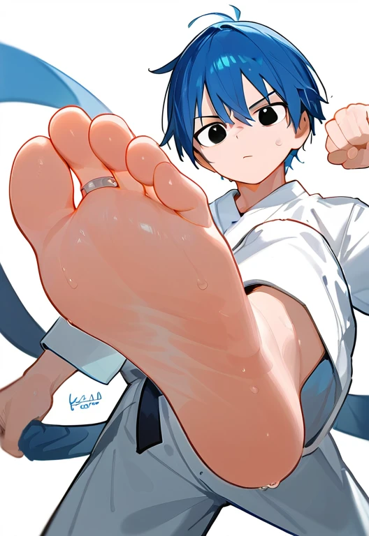 In the ring,一个可爱的男孩露出脚Low Angle,Lift one foot,One-leg stand,black eyes,boy,Blue Hair,short hair,There are bangs between the eyes, Blue Unicorn,black eyes,karate服,karate,Each foot has five toes,Foot 8,Sweating feet,sole details,Clear facial features,barefoot, Sweating on the soles of the feet, Perfect feet,A big foot,Stamp your feet,Anatomically accurate feet, (Each foot has five toes),Solitary,Low Angle