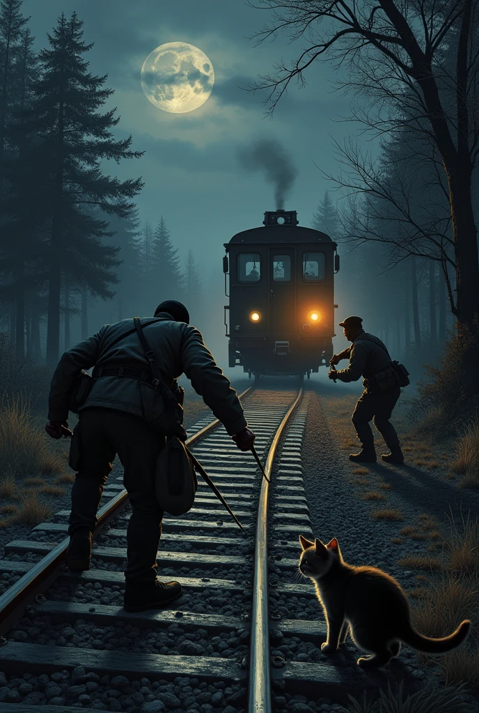 Members of the French resistance sabotaging a German train, The kitten watches from the shadows.