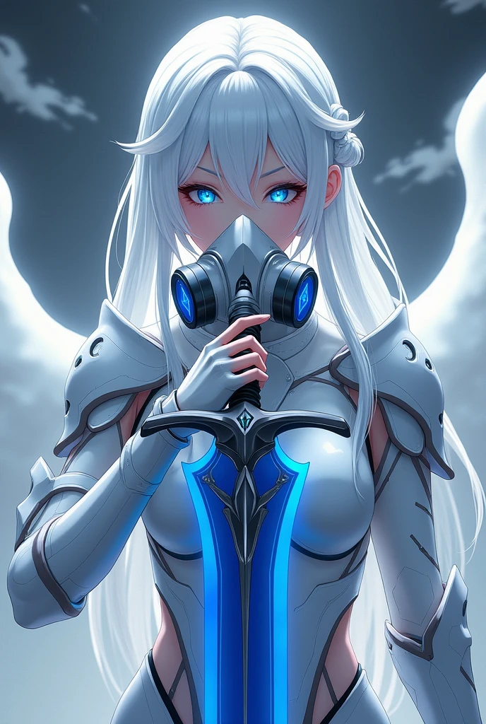 Anime girl with snow white hair, ocean blue eyes, white skin color, white warrior outfit, and with angel style, with a badass gas mask. Holding a large blue sword weapon in front of his face.