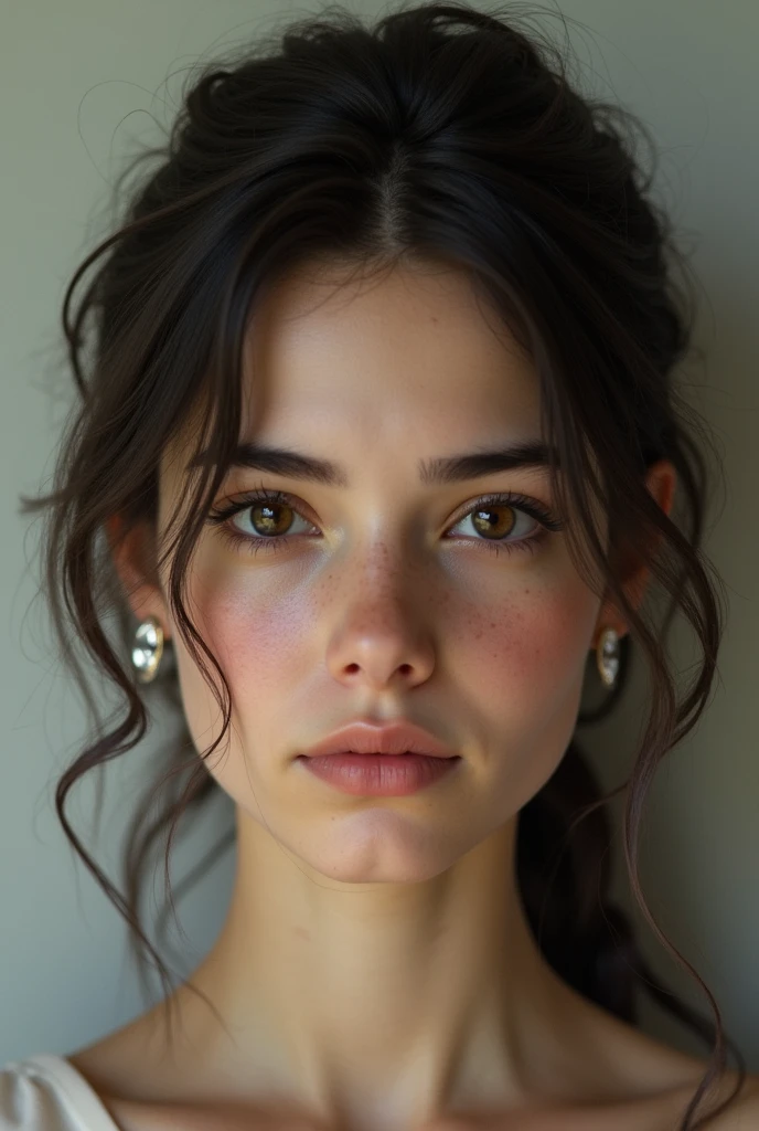 Realistic 19 year old Chilean girl with dark brown hair and eyes and light complexion, not very graceful and with dark circles