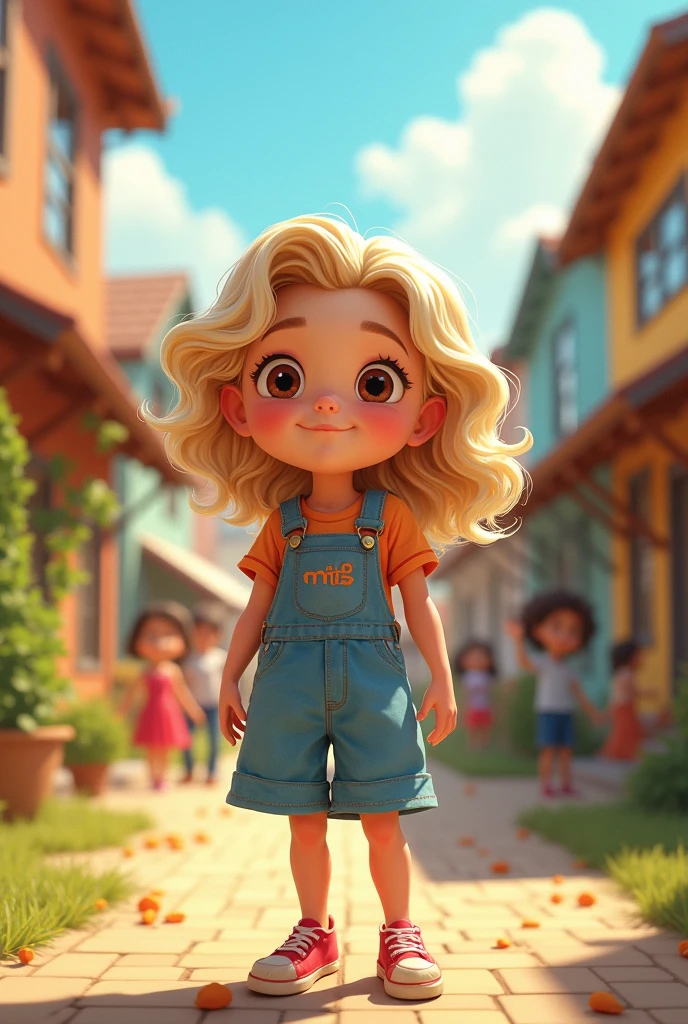 Create little blonde girl sitting in front of her house in 3D