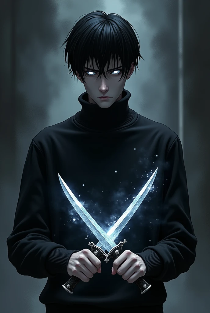 Make a character in the style of My Hero Academia who has a black sweater and white eyes and completely black hair and with daggers in his hands and with short hair and a serious face and pale skin and who uses his power of darkness that he envelops in his dagger and is a man