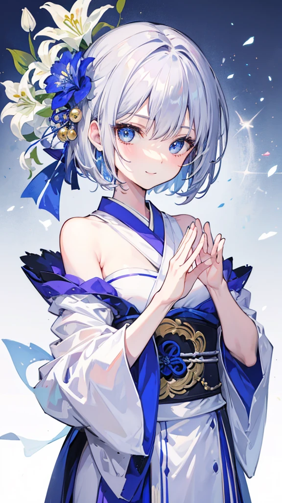 Anime character, half body only, upper body only, half body portrait, posing like a model, good looking, beautiful, full of details, aesthetic, hd, masterpiece art, amazing work. Solo, young lady, short hair, flower accessories, bluish gray colored hair, Lady, blue eyes, smile, elegant look, elegant carrying, white Japanese kimono, blue decoration, Lily flower theme, eyes facing camera, hands outstretched forward, hands asking for a hand , simple background.