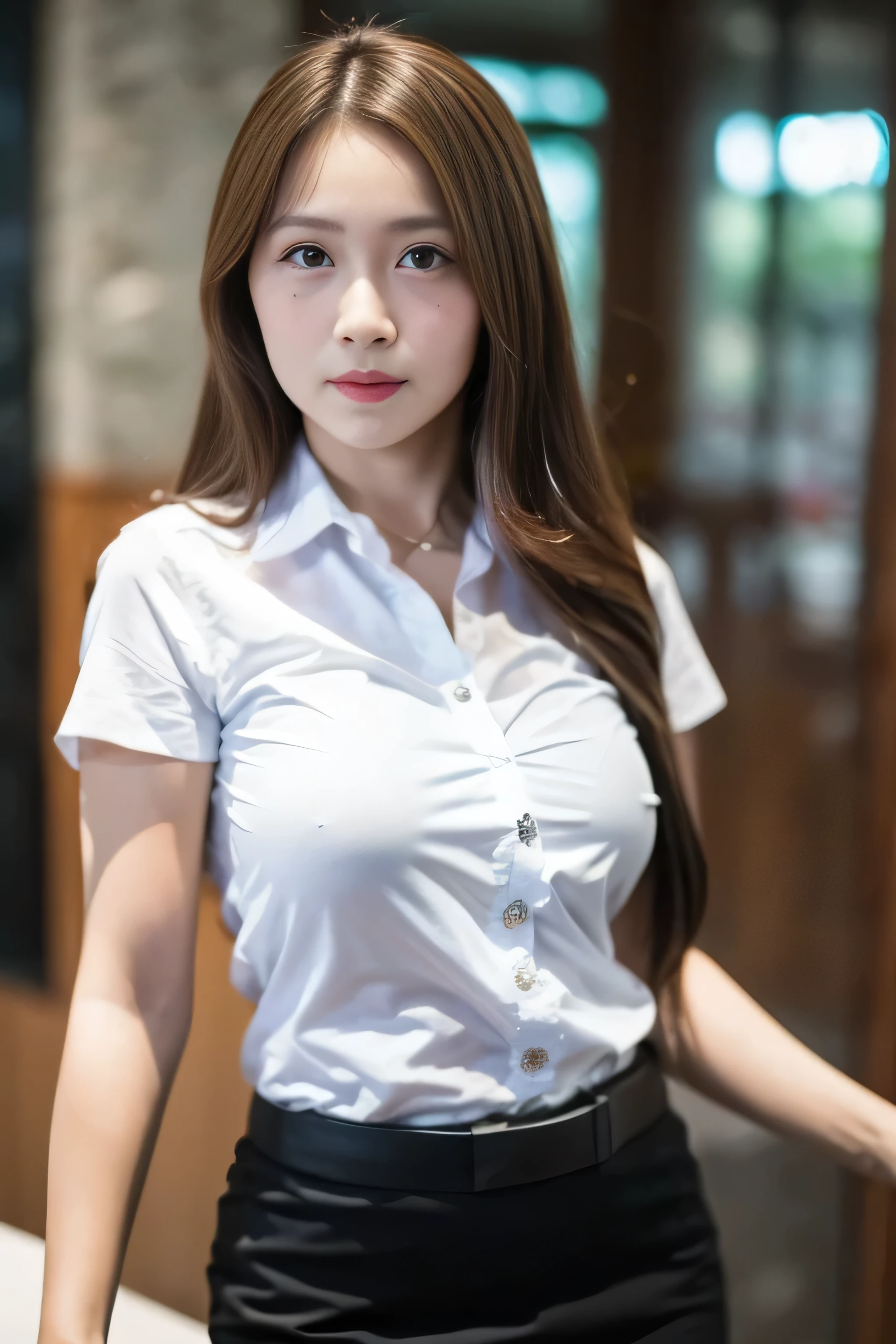 Close up,1 girl{{A beautiful woman wearing a white short-sleeved shirt and a short black A-line skirt}} , standing a sexy pose.  with several lecture tables set up behind it  There is a sliding glass window.  There was evening light streaming into the room.