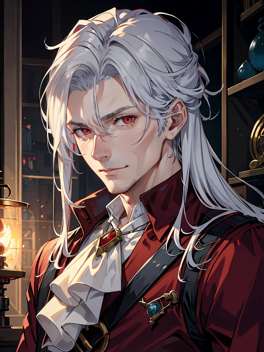 handsome，red-eyes，red pupils，SILVER hair，Hyperresolution，accuracy，Detailed rendering，（Subtle facial image）（Image of fine hair）（topquality）（Masterpieces of masters）（High degree of completeness）（A sense of atmosphere）tmasterpiece，Super detailed and super detailed（half-body portrait）, MALE vERDAN, Male goblin, tinkerer, artificer, dnd class, (((Older male Verdan)))(((Inventor)))