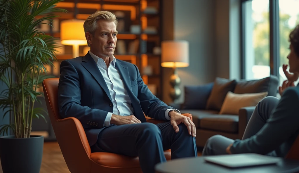 Create an image of a Tech office with a name sign "Tech House". The atmosphere is chic and cozy, with 1 man and Boss siting in office cabin and  peopels are seen it There is a stylish plant in the background.

The Boss is a blonde is wearing a suit and is sitting in the armchair, attending to a patient whose face is not visible. 