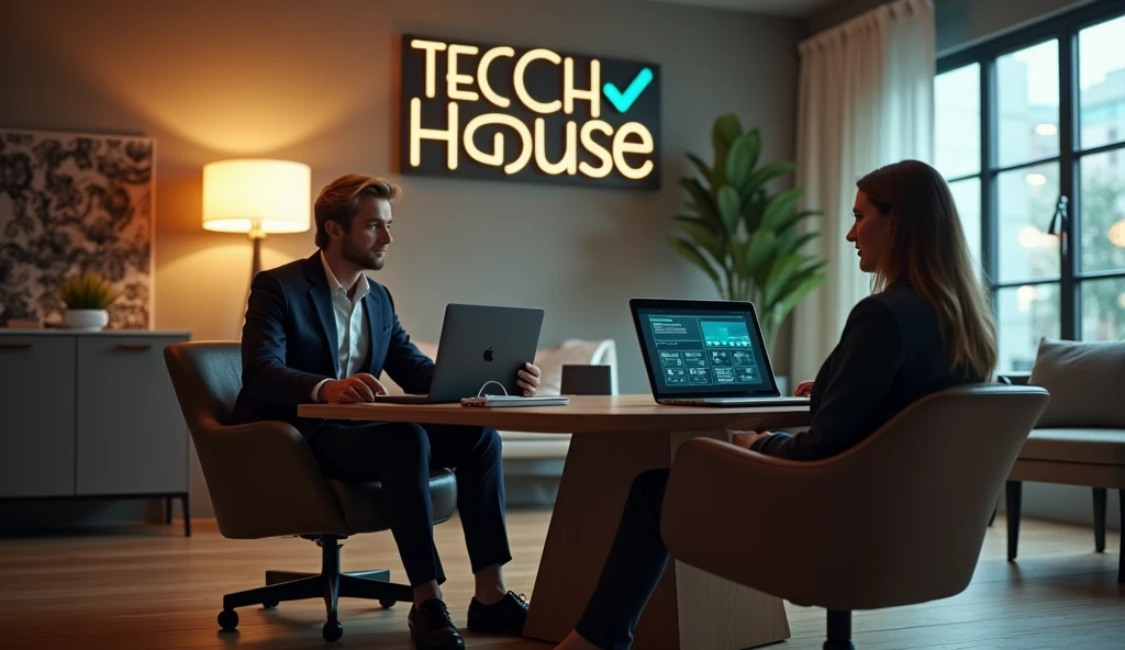 Create an image of a Tech office with a name sign "Tech House". The atmosphere is chic and cozy, with 1 man and Boss siting in office cabin and peopels are seen it There is a stylish plant in the background.
The Boss is a blonde is wearing a suit and is sitting in the armchair, attending to a patient whose face is not visible.