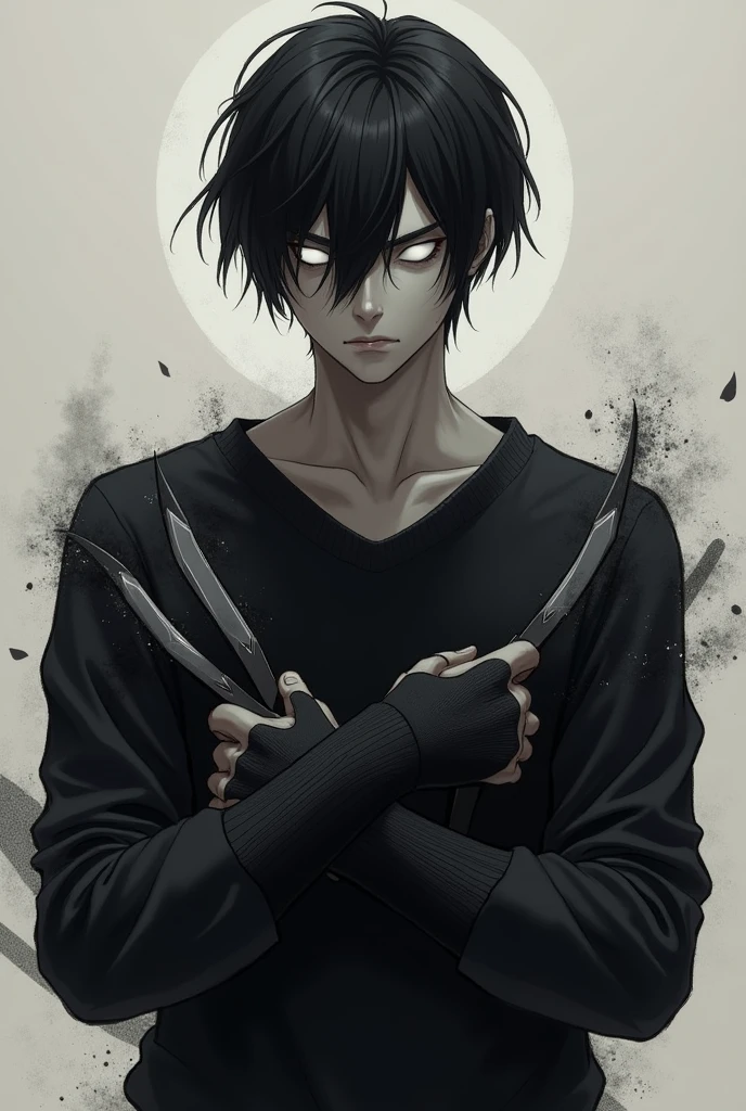 Make a character like My Hero Academia that has a black sweater and white eyes and totally black hair and with daggers in his hands and with short hair and a serious face and pale skin and that uses his power of darkness that he envelops in his dagger and is a man of about