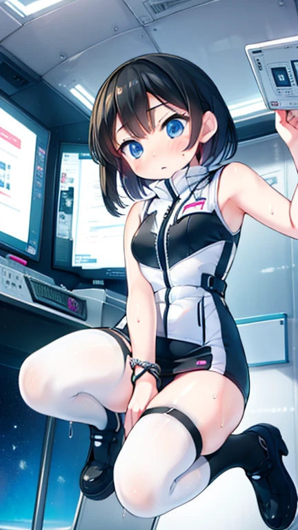 (Highest quality), (masterpiece), 1080P, High resolution, 4K, 8k, Inside the space station、Futuristic room、Thigh straps, Shooting from directly below, The woman on top of me, 白いSweat, Covered , Sweat, Woman looking down, Skirt swimsuit, Thigh-high socks, To achieve this, , , whole body, Black leather shoes, Braided hair, Inner Color, Embarrassed face, Short black hair, bracelet, Bedroom,celestial body_Vest
