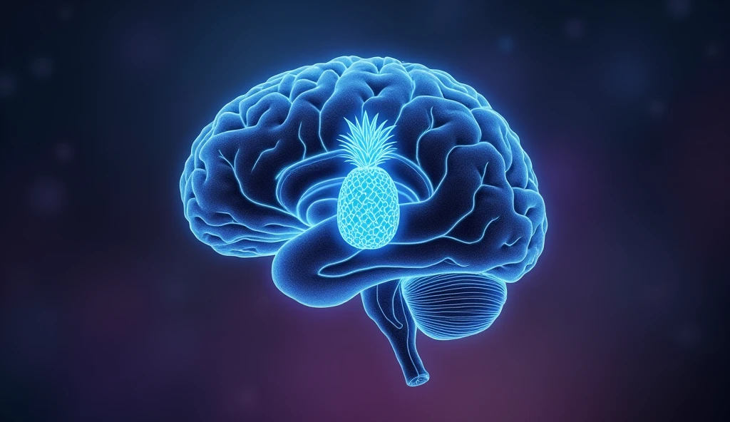 A detailed anatomical illustration of the brain, highlighting the pineal gland in a glowing, radiant blue. The background is a gradient of dark purples and blues, representing the deep, unexplored aspects of the mind. --ar 16:9