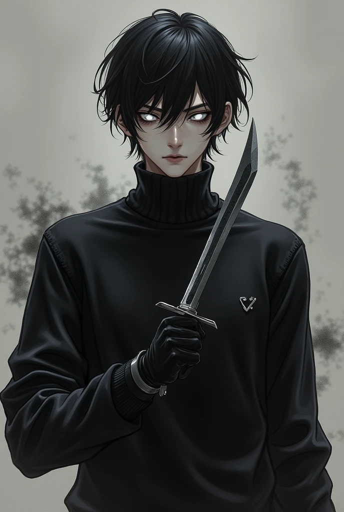 Make a character like My Hero Academia that has a black sweater and white eyes and totally black hair and with daggers in his hands and with short hair and a serious face and pale skin and that uses his power of darkness that he envelops in his dagger and is a man of about