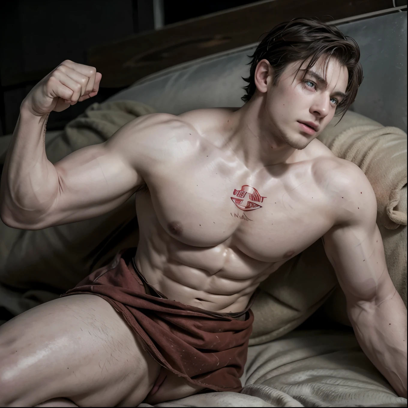 1 boy, solo, anthropology,red dragon, hairy, red and white fur, A place where people congregate Sparkling blue eyes, Big pink‚ with big abs‚muscular, handsome, apron, black pant, white shirt, lay down on ground, sleep, high quality, super detail, 1080P, high quality, high quality, best quality, 8k, super detail, 16k, white background