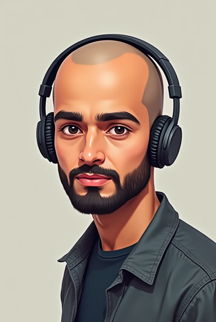 A Pakistani Skin Toned Young man completely bald, small beard and normal mustache, in portrait bitmoji image. wearing moderate size headphone