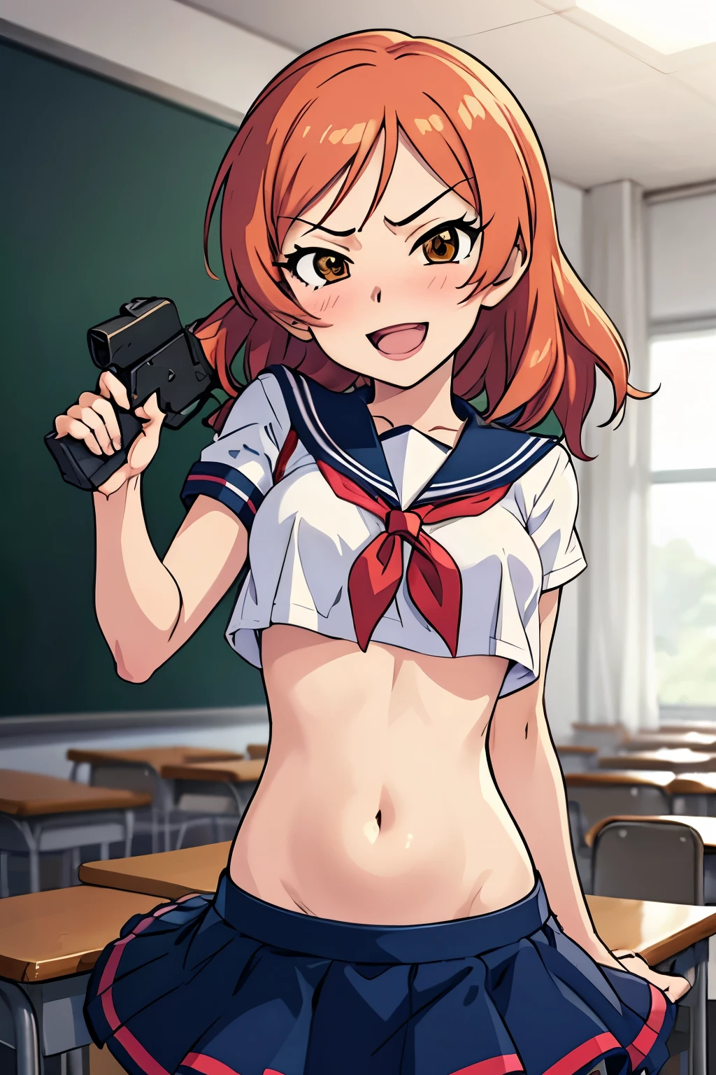 1girl, komatsu ibuki, :d, blush, lipstick, long hair, Hot girl, baddie, staring, glaring, bad attitude, mean girl, crazy, smoking, masterpiece, best quality, highly detailed, a anime girls in sailor uniforms with a gun posing for a picture,
evil smile, smile, open mouth,black_serafuku, ecchi anime style, anime girls , (nsfw) not safe for work,
ecchi style, ecchi, shipgirls, digital anime art!!, high school girls, holding a gun, hold a gun, anime style 4
k, micro skirt, exposed belly, exposed navel, exposed midriff, holding pistol,underboob,
exposed lower belly,school, classroom