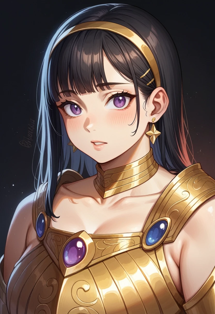 high quality picture, masutepiece, detailed hair texture, Detailed skin texture, 8k, Add fabric details, ultra detailed skin texture, ultra detailed photographic, Skin pores, Portrait of a girl, ((Pghtly overweight body、)) 、(Pitch black background)、Cool Face、Cute face of high school student、The upper part of the body、((A darK-haired)) 、 Gold Accessories、Gold Earrings、Gold Choker、Gold Arm Ring、gold hairband、(zentangle:1.2) 、 Golden armor that emits golden light