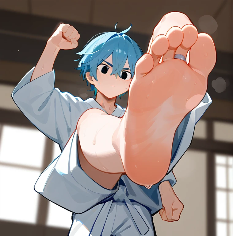 In the ring，一个可爱的男孩露出脚Low Angle，Lift one foot，One-leg stand，black eyes，boy，Blue Hair，short hair，There are bangs between the eyes, Blue Unicorn，black eyes，karate服，karate，Each foot has five toes，Foot 8，Sweating feet，Clear facial features，barefoot, Sweating on the soles of the feet, Perfect feet,A big foot，Stamp your feet，Kick，Anatomically accurate feet, (Each foot has five toes)，Solitary，Low Angle，There is a sandbag behind me，