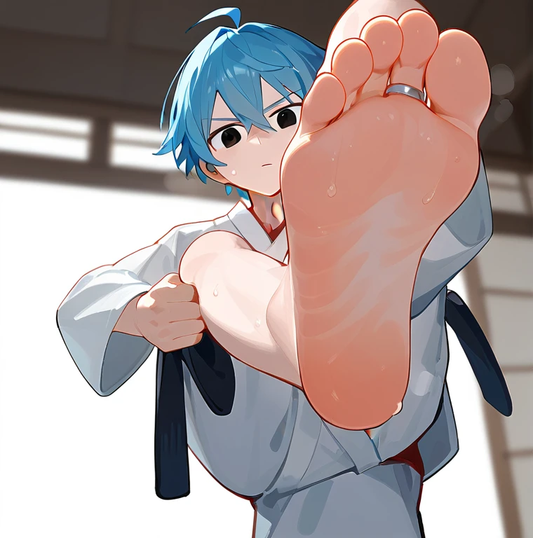 In the ring,一个可爱的男孩露出脚Low Angle,Lift one foot,One-leg stand,black eyes,boy,Blue Hair,short hair,There are bangs between the eyes, Blue Unicorn,black eyes,karate服,karate,Each foot has five toes,Foot 8,Sweating feet,Clear facial features,barefoot, Sweating on the soles of the feet, Perfect feet,A big foot,Stamp your feet,Kick,Anatomically accurate feet, (Each foot has five toes),Solitary,Low Angle,There is a sandbag behind me,