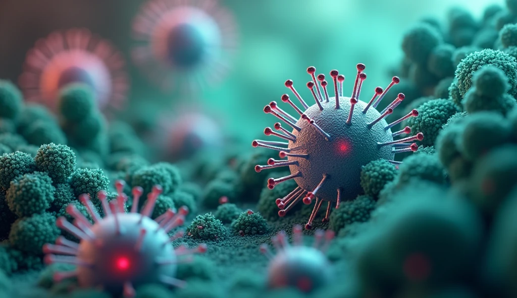 an image of antibiotic, focusing on a visual representation of bacteria being neutralized by antibiotics in a modern and vibrant style. interaction between antibodies and viruses, with a scientific look, bright and futuristic. format of (16:9) GREEN COLORS, rot, cerulean, Pink