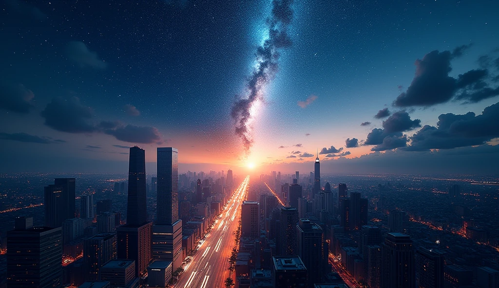 A split-image showing a bustling cityscape on one side and a serene, starry night sky on the other. The transition between the two sides is fluid, illustrating the contrast between everyday reality and cosmic mysteries. --ar 16:9