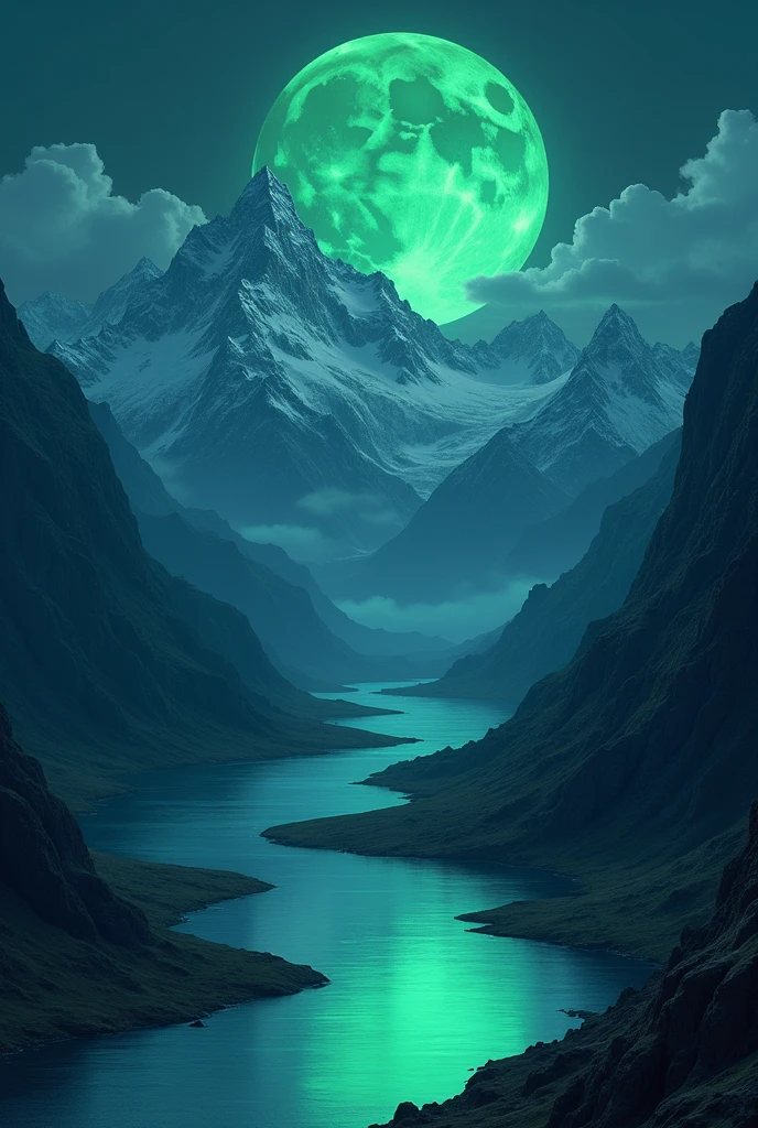 Mountainous landscape with snow and at night with a river and in it the green moon reflected in the water the moon best reflected in the water