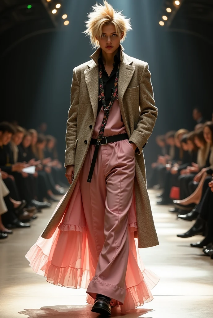 (cloud strife), realistic, balenciaga, Autumn and winter catwalks,Classic herringbone coat,Loose coat,Shirt with turtleneck,Chiffon ruffled pink sequin maxi dress,flowing shimmering fabrics,Gray top with wide-leg trousers,Subtle beige tones,Inspired by Ralph Lauren