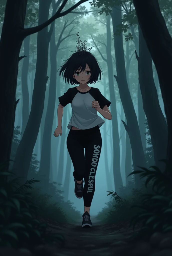 An anime girl with white skin with a plant accessory on her head, short black hair, black and white t-shirt, black pants with white bad letters, running in a dark forest
