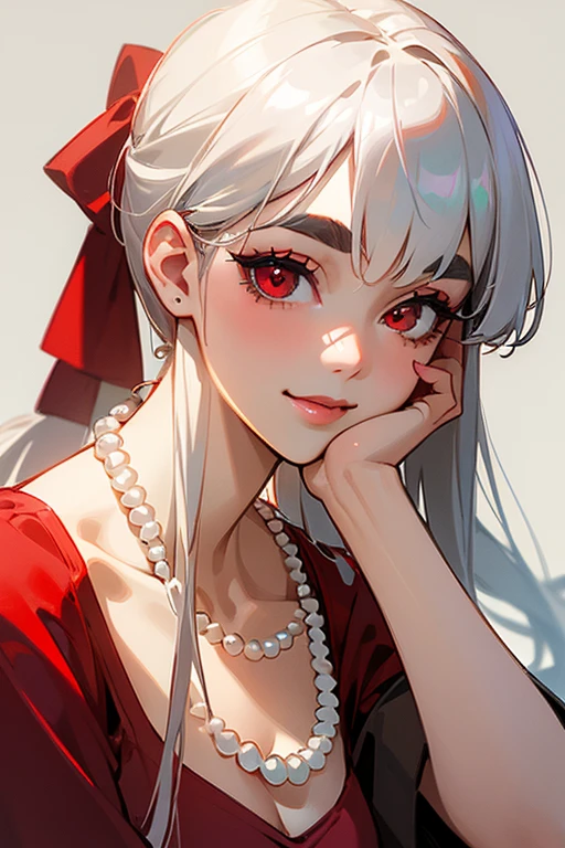 (Highest quality, masterpiece:1.2), High resolution, 最高masterpiece、Very detailed, Realistic:1.37, Fantasy, An illustration,Gray Hair、 Red eyes、Queen, Red dress、beautifully、Eyeshadow Red、Thick eyebrows、Long eyelashes、pupils are black、shiny on the lips、Top Sites、Queen、Princess、A kind smile、Soft impression、people々々々々々Loved by、Slimming the face、Shoulder Bare、ponytail、Kissing Face、Long white hair、Shaggy Bangs、(Save face image).(Training camp)、(A kind smile)、(Background white)、((Pearl Necklace)).((Drink a drink)).