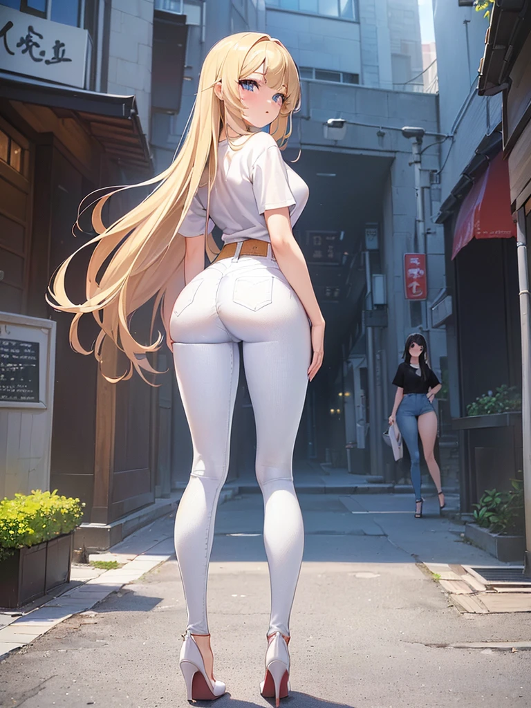 (masterpiece、highest quality、High resolution、realistic pictures、real looking skin:1.1)、(The buttocks are not big:1.8)、 (He is wearing a tight-fitting white T-shirt.:1.5)、(Wearing tight long denim jeans that fit perfectly:1.5)、(wearing high heels:1.5)、(She is facing her back because she is showing her butt, but her face is facing me.:1.5)、 1 Japanese girl、solo、beautiful eyes、shining eyes、provocative look、blonde、medium long hair、university student、The location is downtown、 (The beauty of her legs and buttocks stands out:1.5)、(with the whole body:1.6)、NSFW