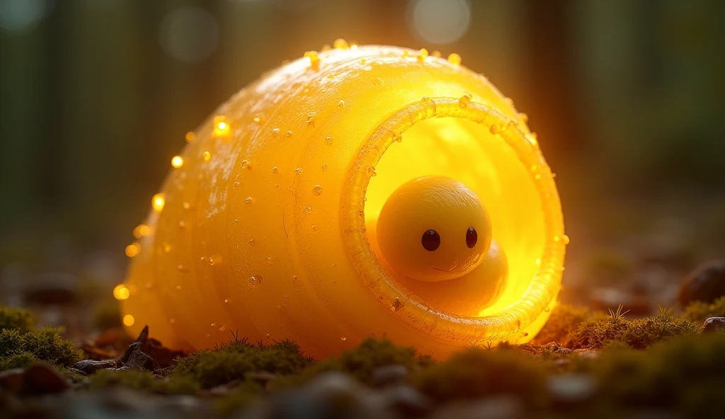 Tiny plain yellow worm completely inside the cocoon with golden glowing