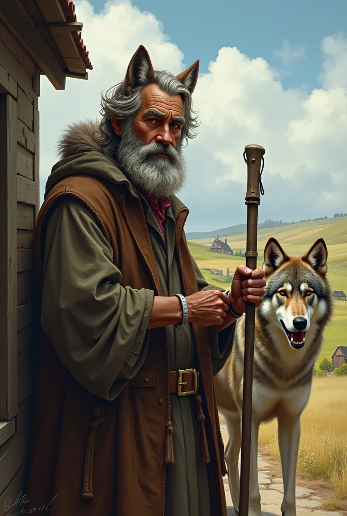 Create an image about a shepherd who is voting for a wolf and the wolf comes out hearing 