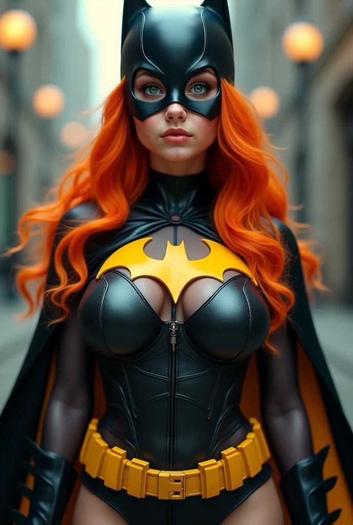 A BUSTY TEEN FEMALE WITH A SEXY BODY, LONG ORANGE HAIR AND GREEN EYES WEARING A COMPLETE BATGIRL COSTUME AND CAPE. ABSURD 8K RESOLUTION, INCREDIBLY DETAILED SKIN AND EYES, FULL BODY