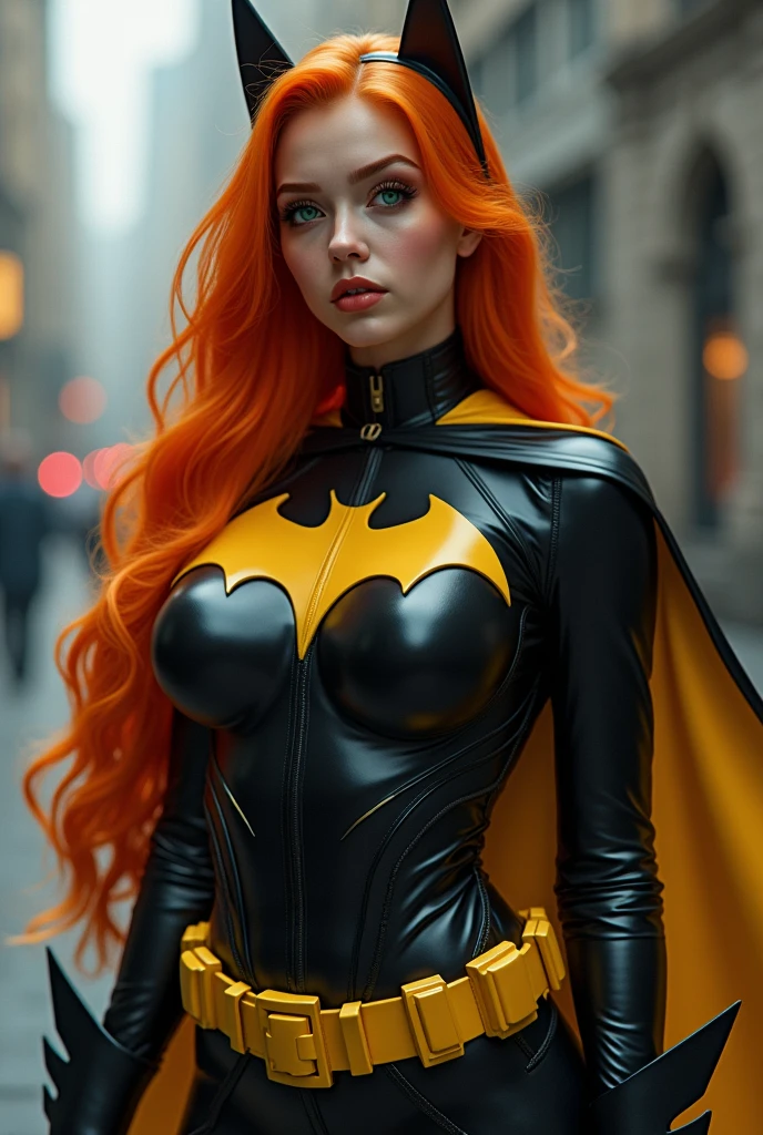 A BUSTY TEEN FEMALE WITH A SEXY BODY, LONG ORANGE HAIR AND GREEN EYES WEARING A COMPLETE BATGIRL COSTUME AND CAPE. ABSURD 8K RESOLUTION, INCREDIBLY DETAILED SKIN AND EYES, FULL BODY