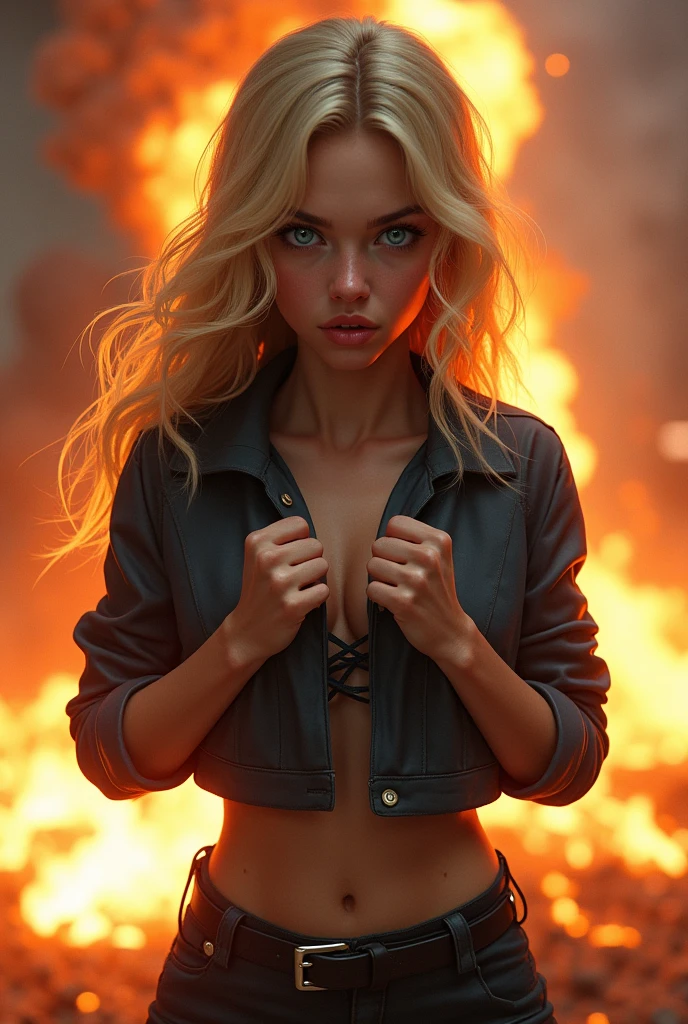 Blonde girl with blue eyes and full lips in the foreground , there is a big fire underneath , and an explosion , the girl laughs rebelliously and has both her hands on her chest and clenches them into a fist . The picture is meant to show the power of the girl , the girl looks angry but at the same time satisfied by her power , which is ignited by an even fiercer fire