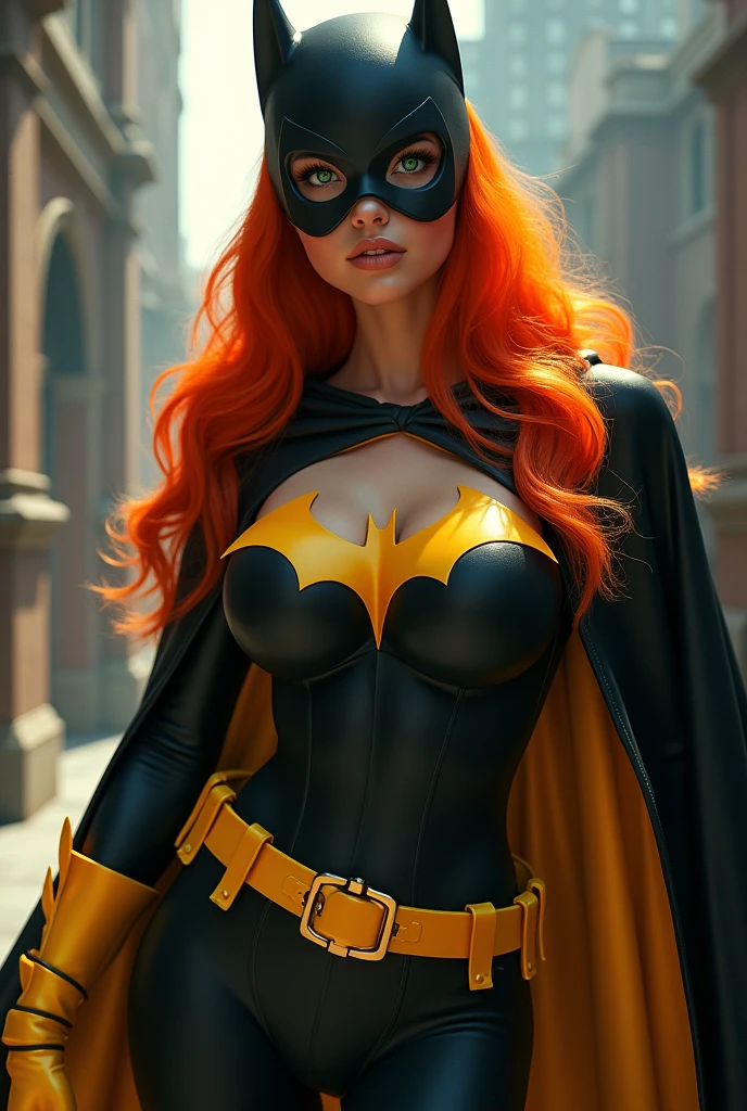 A BUSTY TEEN FEMALE WITH A SEXY BODY, LONG ORANGE HAIR AND GREEN EYES WEARING A COMPLETE BATGIRL COSTUME AND CAPE. ABSURD 8K RESOLUTION, INCREDIBLY DETAILED SKIN AND EYES, FULL BODY