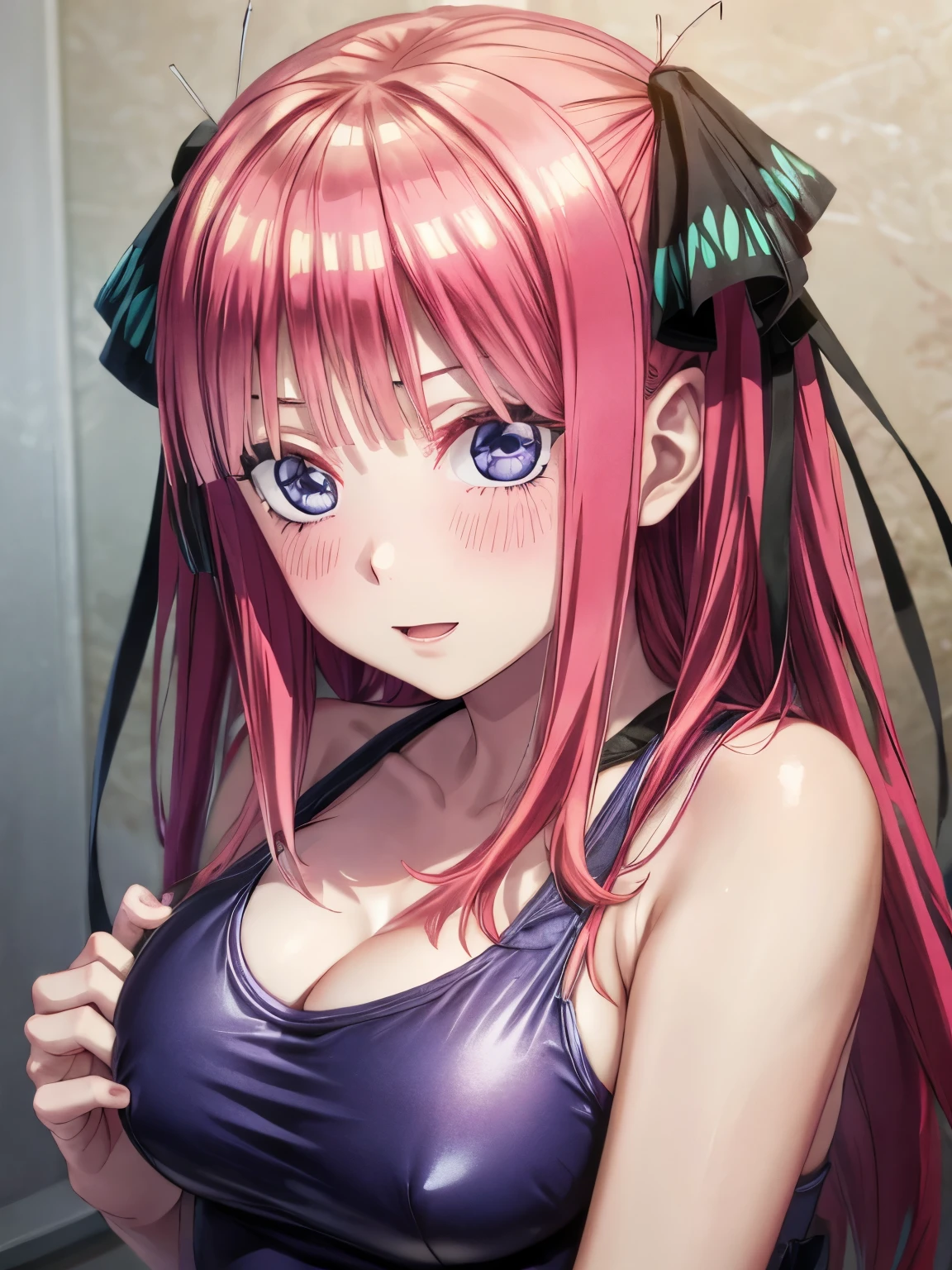 best quality, insanely detailed, nino nakano, breasts, blush, bedroom background, looking at viewer, cheerful eyes,arousal, one-piece swimsuit,add_detail:1.5