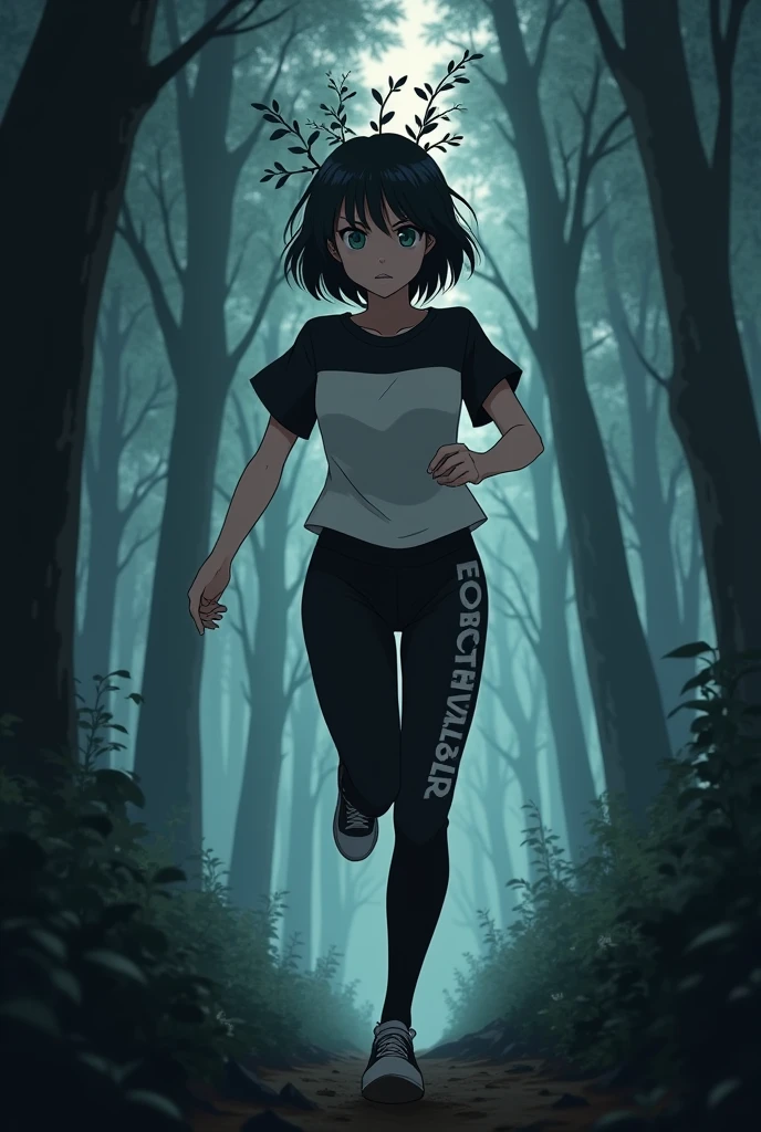 An anime girl with white skin with a plant accessory on her head, short black hair, black and white t-shirt, black pants with white bad letters, running in a dark forest
