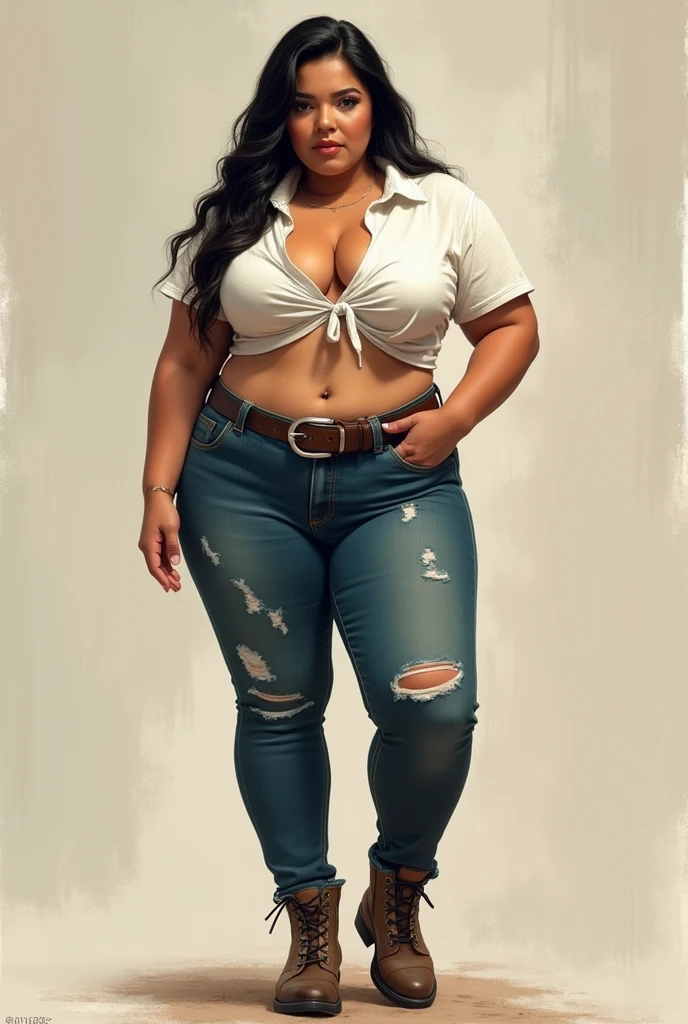 A tall fat Mexican with a tight small white shirt showing her belly skin she is wearing tight jeans and a belt. And she has boots. Hair going straight down no curly hair