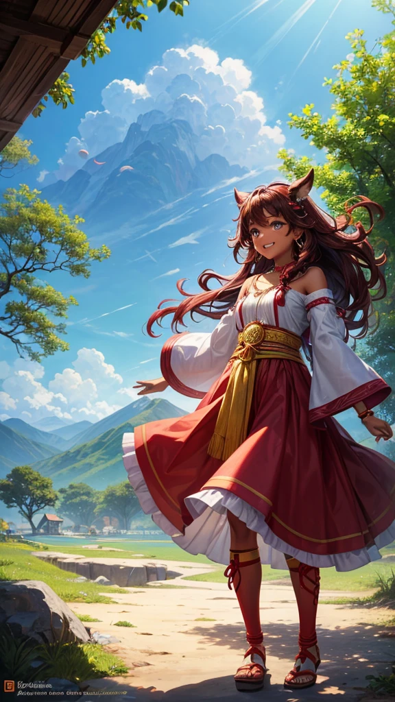 Create a vibrant and joyful animated character named Iansinha, inspired by the Yoruba orixá Iansã, for a children's cartoon. Iansinha is a young girl with brown skin, large expressive eyes, and a bright, infectious smile. She has long, curly red hair that flows as if always caught in a gentle breeze. Iansinha should have a tribal appearance, wearing only red clothing that is traditional and flowing. She carries a whip made from the black hair of a horse’s tail, which she holds confidently. Her gold bracelets jingle softly like a breeze. Iansinha stands in a lively, colorful village surrounded by forests and mountains. Her pose is dynamic, full of energy, as she calls upon the wind. The background should include subtle elements of wind and light, showcasing her connection to nature and the sky. The overall scene should be playful and enchanting, designed to appeal to children and under, also reflecting her strong, tribal heritage."