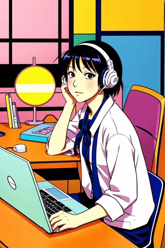 anime character sitting at a desk with a laptop and headphones, an anime drawing inspired by Satoshi Kon, trending on cg society, neo-fauvism, lofi couple, lofi artstyle, lofi art, lofi girl aesthetic, lofi feel, satoshi kon artstyle, lofi colors, in the art style of 8 0 s anime