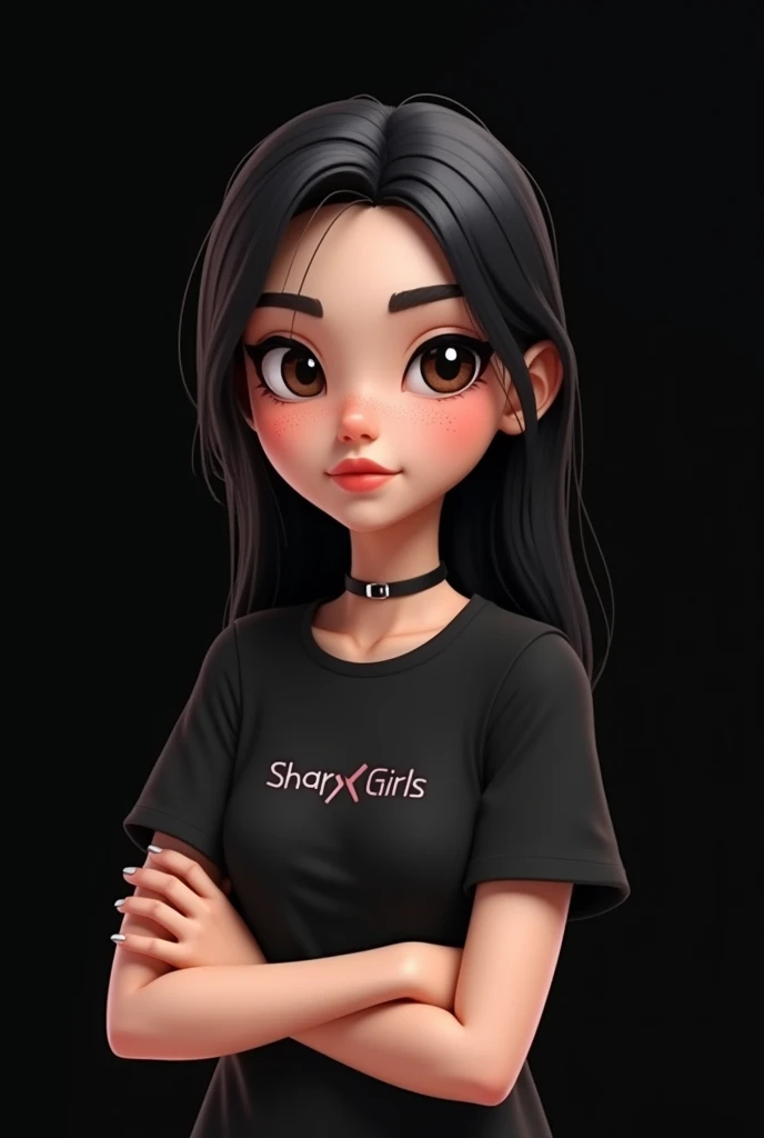 Cute female avatar,  with black hair, freckles on the face, plain black sleeve t-shirt, and the name SHARP GIRLS in small on the side of the shirt on the chest, brown mouth, Crossed arms, avatar, black backdrop,  cabelo liso longo