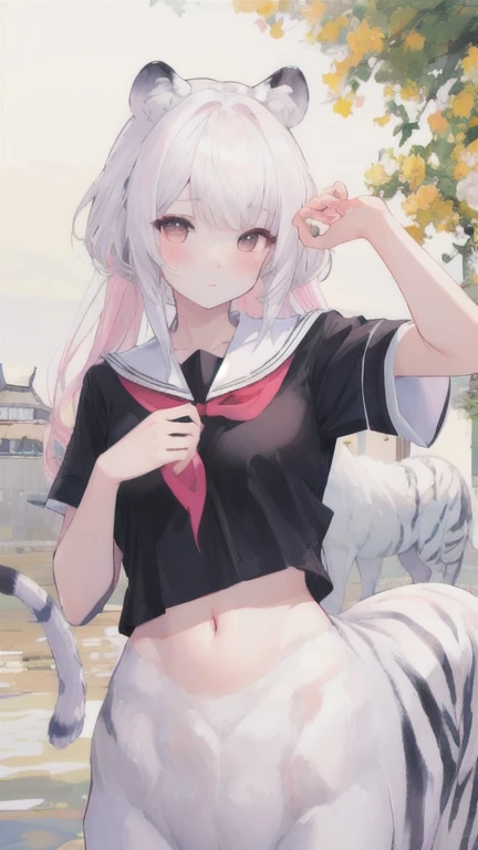 (best quality, masterpiece), 1 girl, centaur, I beg, White skin, Japanese schoolgirl,daughter,black pink, exposing the abdomen, belly button t-shirt , beautiful girl perfect, White tiger photo, 완벽한 White tiger photo