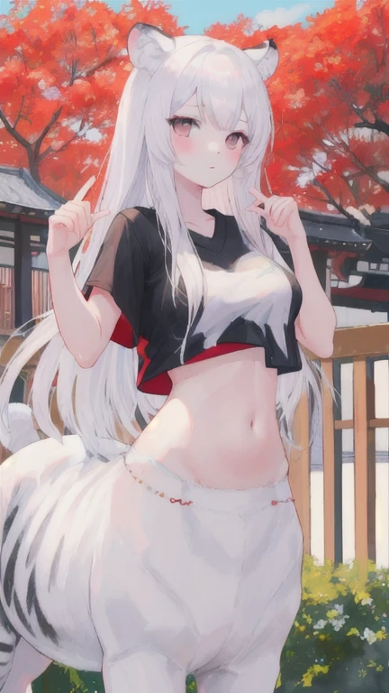 (best quality, masterpiece), 1 girl, centaur, I beg, White skin, Japanese schoolgirl,daughter,black pink, exposing the abdomen, belly button t-shirt , beautiful girl perfect, White tiger photo, 완벽한 White tiger photo