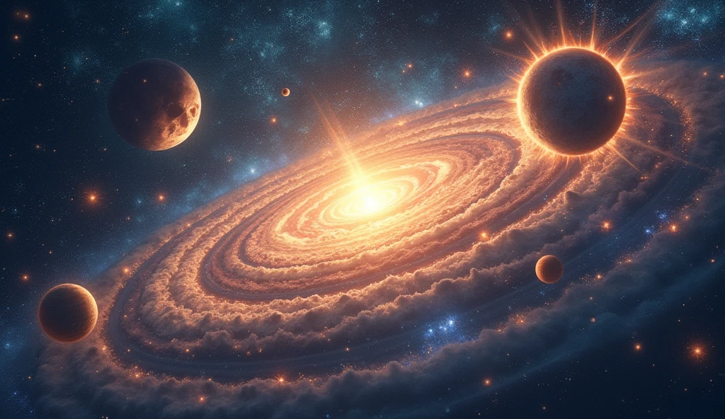 A cosmic scene with the sun, moon, and planets orbiting around a luminous pineal gland in the center. The background is a swirling galaxy, representing the interconnectedness of celestial bodies and inner consciousness. --ar 16:9