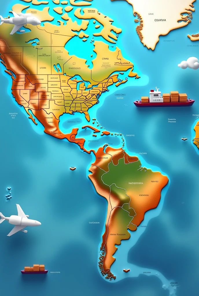 Map with ship and plane carrying parcels between countries, United States, china, Paraguay and Brazil