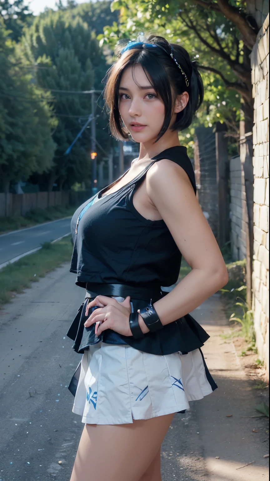 ((Highest quality)),((Very detailed)),masterpiece,Detailed face,Beautiful Face,(Fine grain, Deep Eyes),amazing Beautiful Face,smile,Grin, blue eyes,clavicle,Long legs, Short Hair,short hair、 Busujima Saeko, Mature Woman, View your viewers,(She is in a fighting stance:1.1),, White Skirt, Pleated skirt,(Vivid,colorful:1.1), In detail, Detailed illustrations,Post-apocalyptic,(((Ruined_Cityscape, Post-apoc_scenery))),