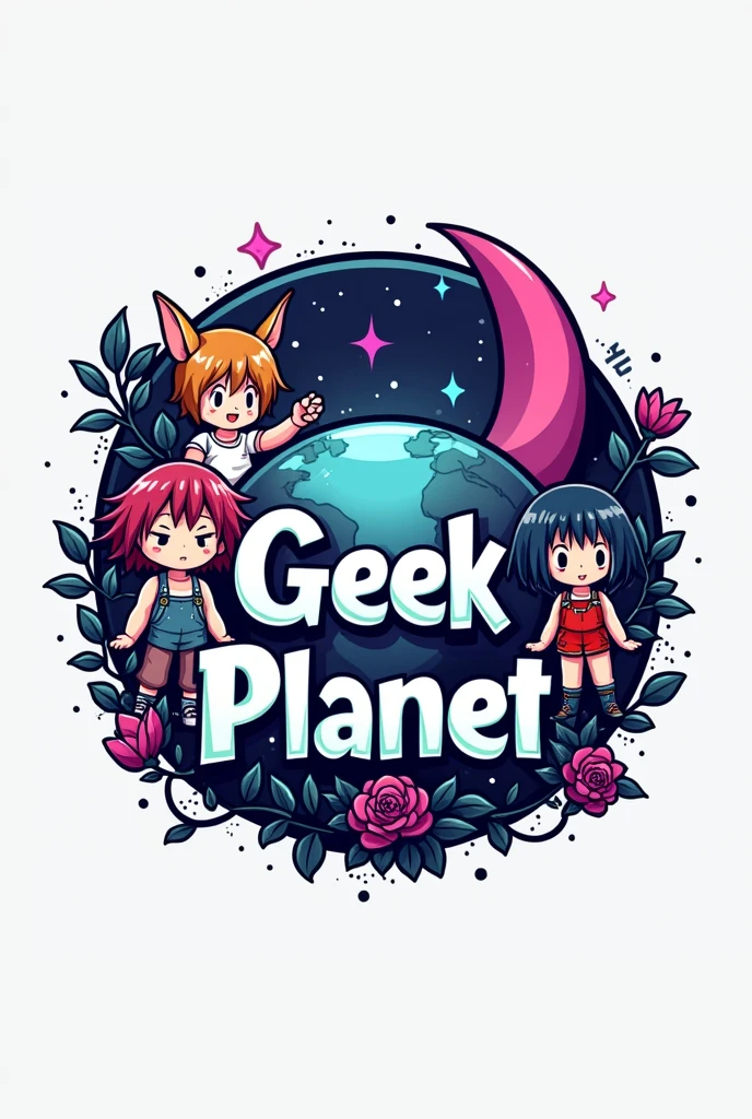 A logo referring to the geek planet with anime figures , of collectible movie and video game characters and original t-shirts, with the symbol of the moon and a small pink and purple star and a world to refer to the name and have the name geek planet in the middle